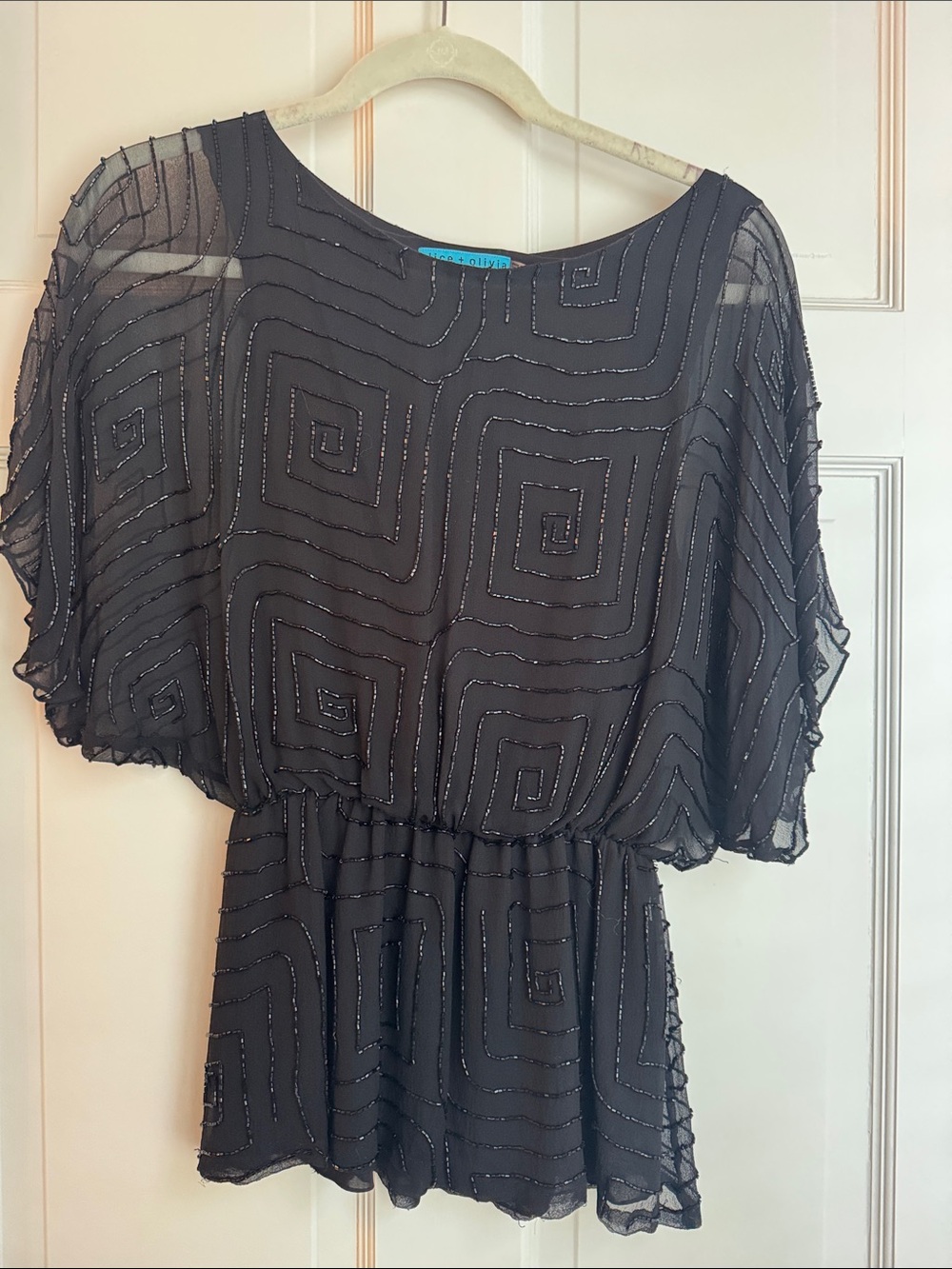 Alice + Olivia Black Sheer Beaded Peplum Blouse